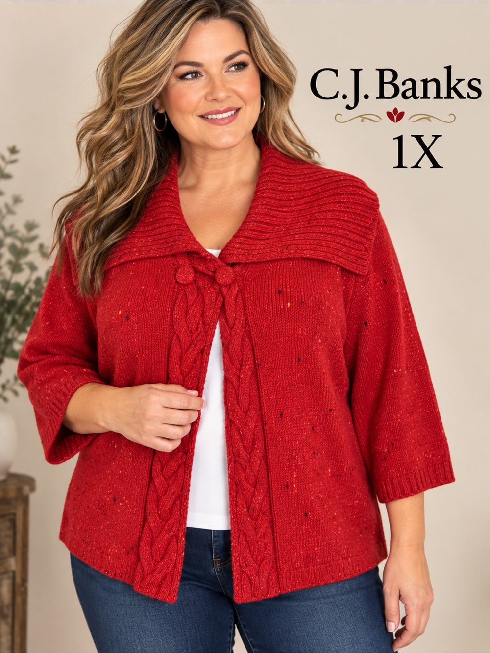 C.J. Banks 1X Red Cable Knit Wool Blend Shawl Collar Cardigan